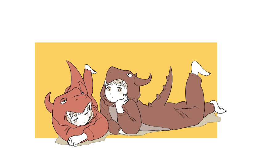 1boy, 1girl, aged_down, animal_costume, barefoot, blonde_hair, brother_and_sister, child