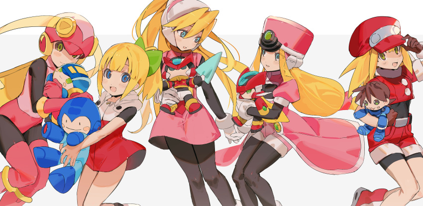 5girls, black_bodysuit, blonde_hair, blue_eyes, blush_stickers, bodysuit, ciel_(mega_man), commentary_request