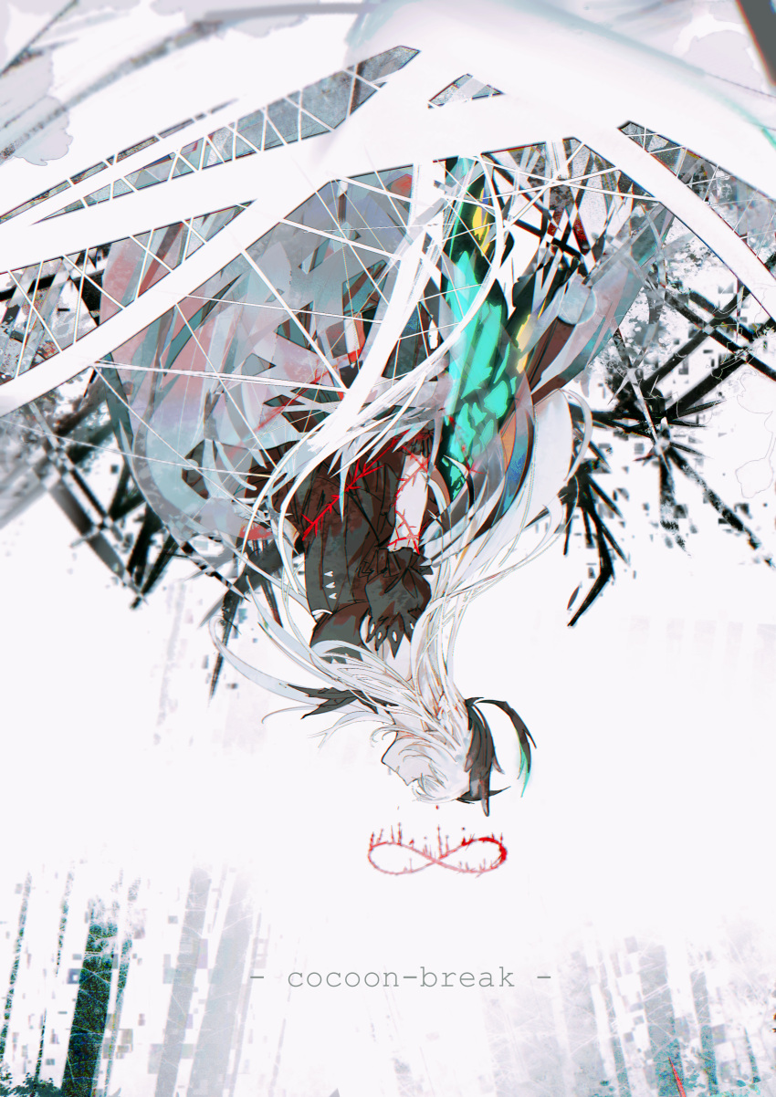 1girl, abstract, absurdres, black_dress, blood_halo, breasts, butterfly_wings, chinese_commentary