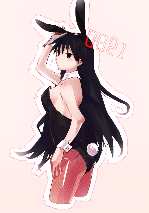 ass, azumanga_daiou, black_eyes, black_hair, bunny_ears, bunnysuit, fishnet_pantyhose, fishnets
