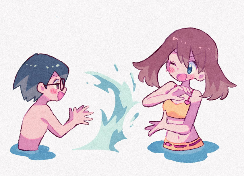 1boy, 1girl, bikini, black_hair, blue_eyes, blush_stickers, brother_and_sister, brown_eyes