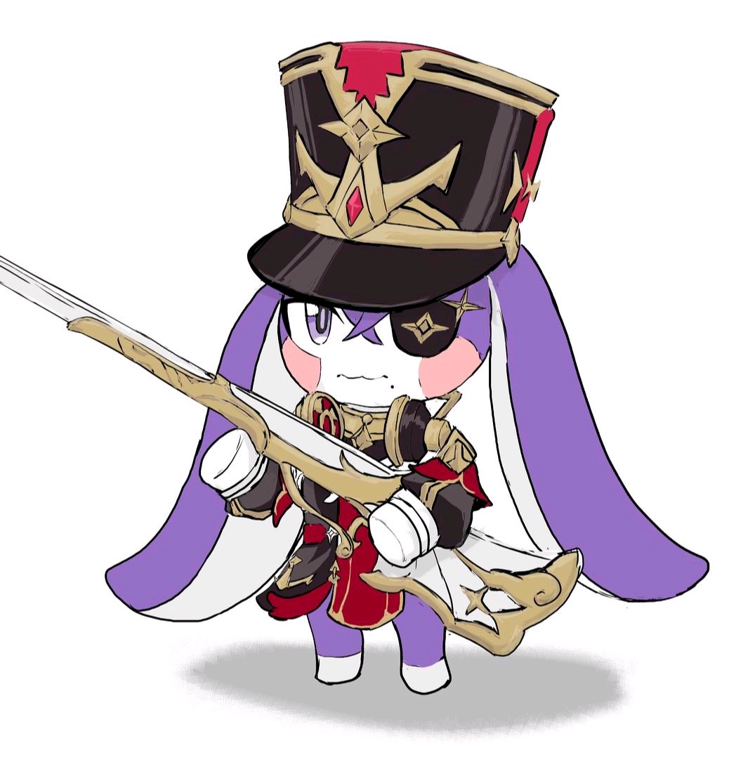 antique_firearm, black_dress, black_headwear, chevreuse_(genshin_impact), chevreuse_(genshin_impact)_(cosplay), commentary_request, cosplay, detached_sleeves, dress, earmuffs, earmuffs_around_neck, eyepatch, full_body, genshin_impact, gloves, gold_trim, gun, hat, hayao_(haon1438), holding, holding_gun, holding_weapon, honkai:_star_rail, honkai_(series), mihoyo, mole, mole_under_eye, no_humans, pom-pom_(honkai:_star_rail), puffy_detached_sleeves, puffy_sleeves, rabbit, red_dress, rifle, shadow, shako_cap, simple_background, standing, two-tone_dress, weapon, white_background, white_gloves