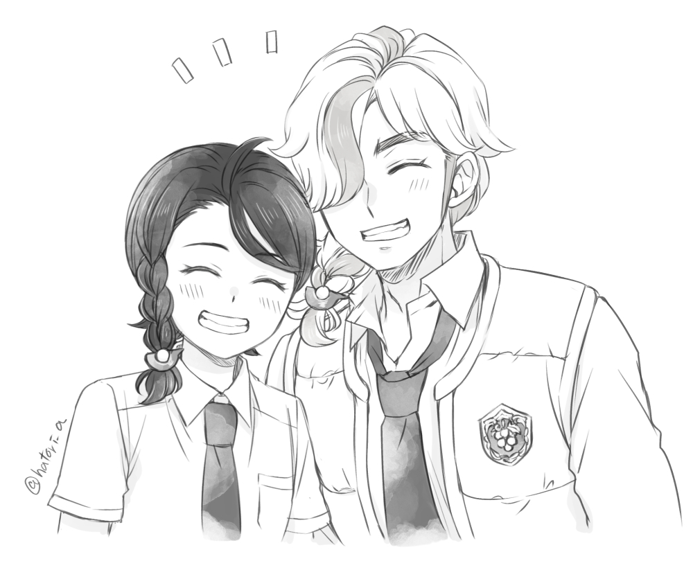 1boy, 1girl, alternate_hairstyle, arven_(pokemon), braid, breast_pocket, closed_eyes, collared_shirt
