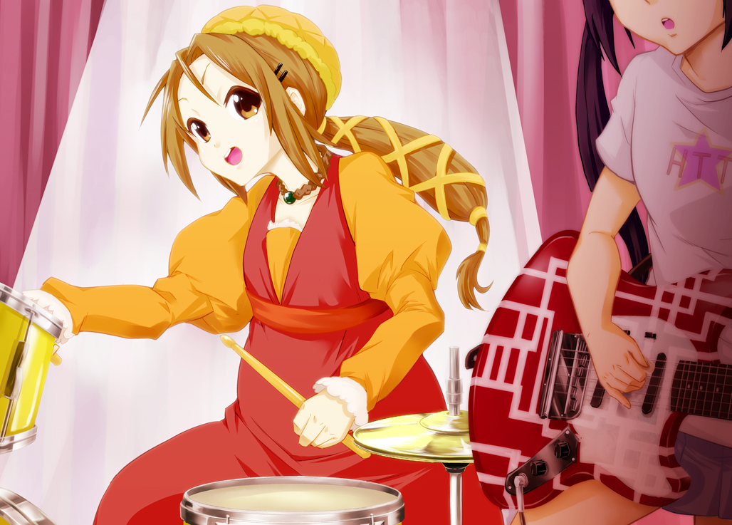 brown_eyes, brown_hair, costume, drum, drum_set, drumsticks, instrument, k-on!, konkuri, long_hair, nakano_azusa, romeo_and_juliet, romeo_and_juliet_(k-on!), short_hair, tainaka_ritsu