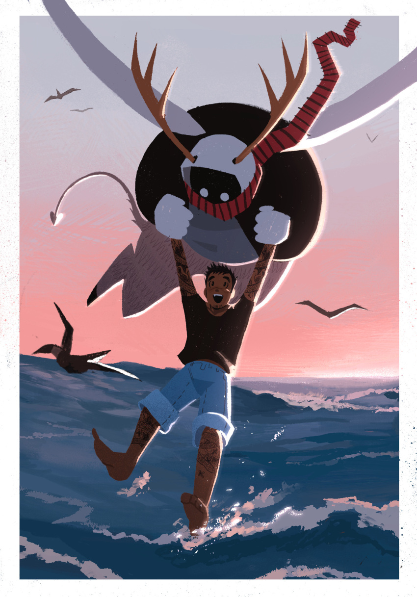 2boys, animal_legs, antlers, arm_tattoo, barefoot, bird, black_shirt, blue_shorts