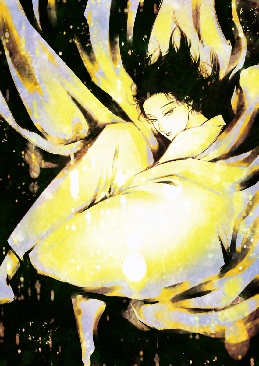1boy, absurdres, barefoot, character_request, fetal_position, fire, floating_hair, foot_out_of_frame