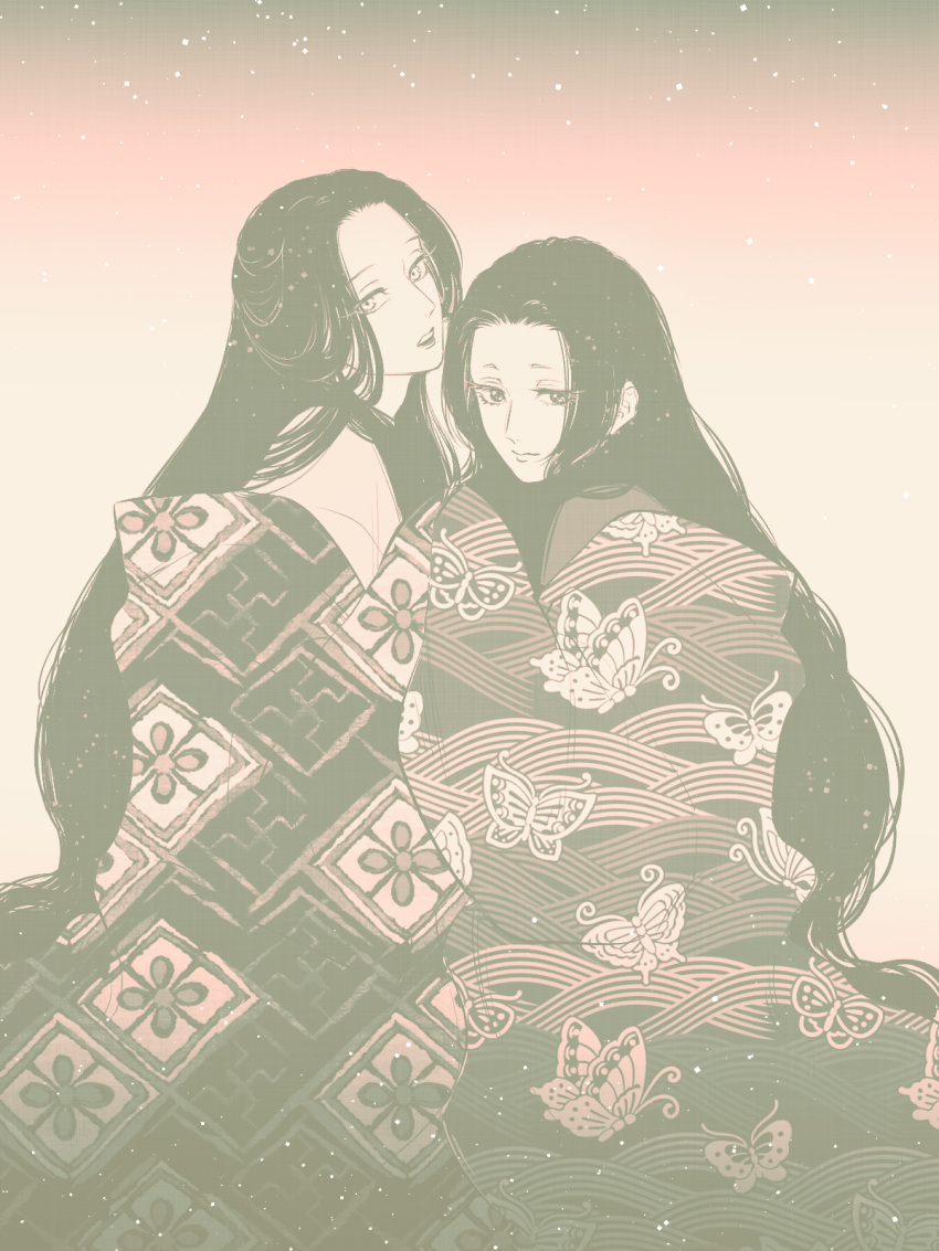 2girls, animal_print, butterfly_print, character_request, closed_mouth, eyelashes, gradient_background, highres