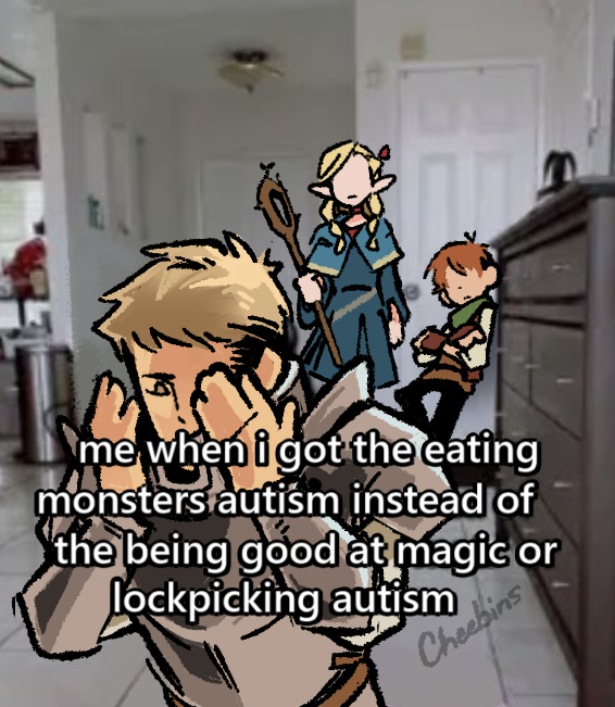 1girl, 2boys, ambrosia_(dungeon_meshi), armor, autism, blonde_hair, brown_hair, cheebins