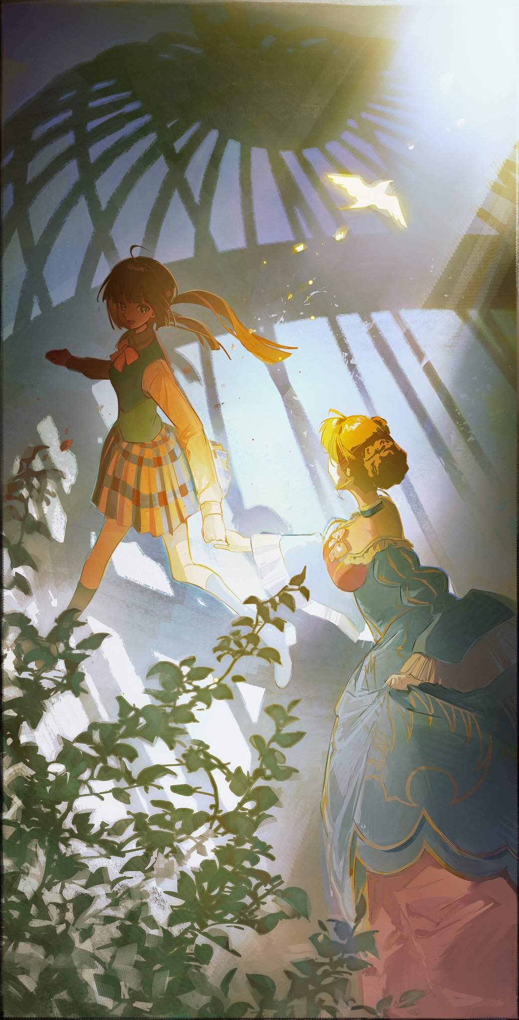 2girls, ahoge, beatrice_(umineko), bird, birdcage, blunt_bangs, bow, bowtie