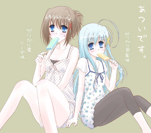 blue_hair, brown_hair, casual, hachikei, leggings, long_hair, lowres, mahou_shoujo_lyrical_nanoha