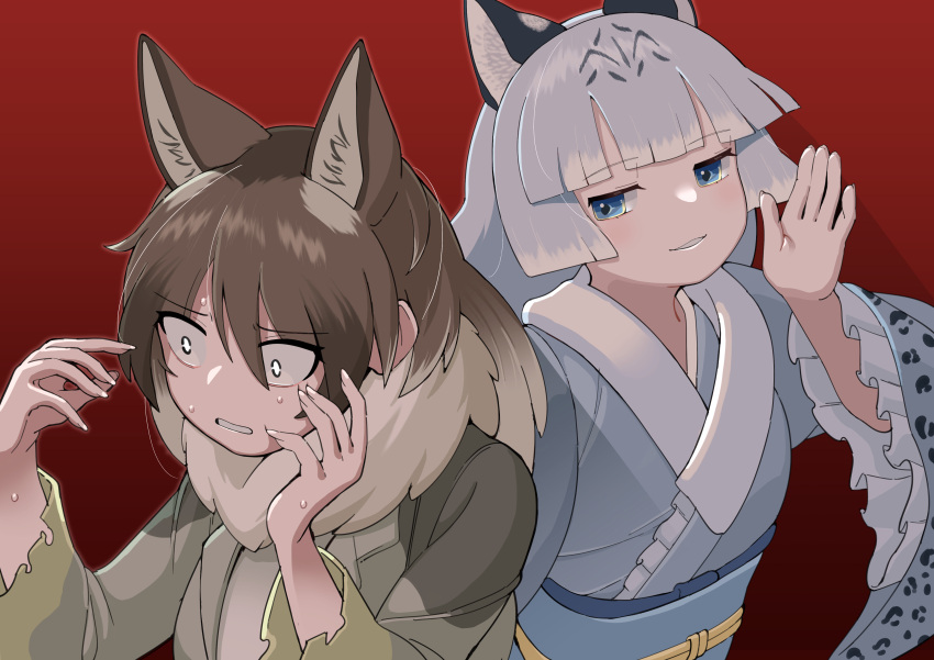 2girls, absurdres, animal_ear_fluff, animal_ears, black_hair, blue_eyes, blunt_bangs, brown_hair