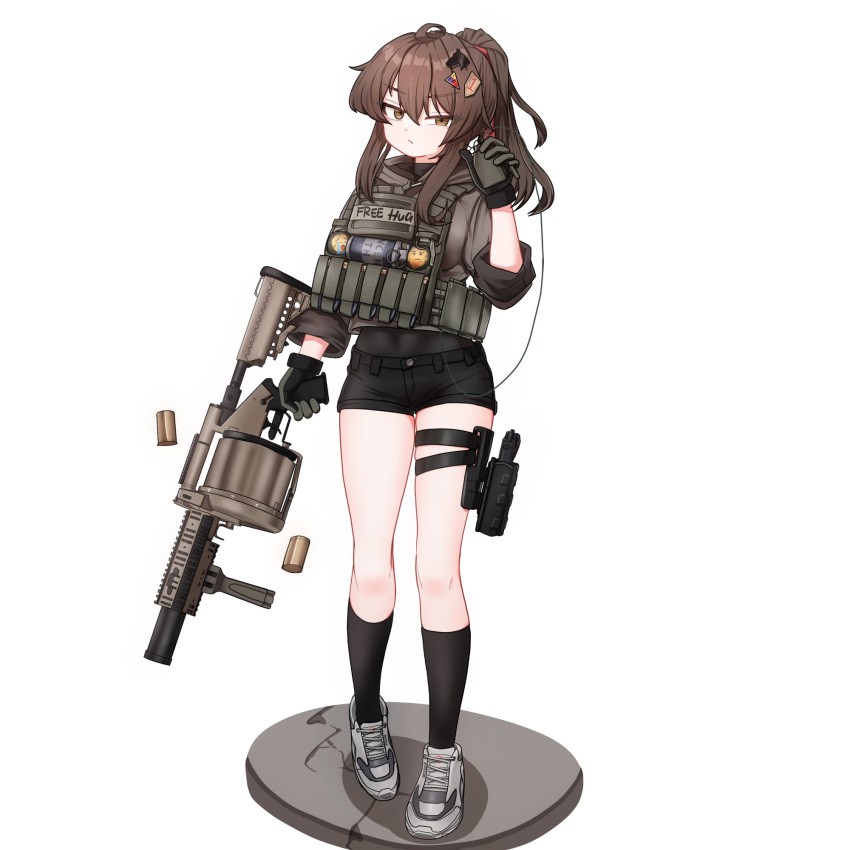 1girl, 1st_armored_division, 40mm_grenade, annoyed, black_shorts, brown_eyes, brown_hair, brown_shirt, chest_rig, clacker, crying_emoji, emoji, english_text, gloves, green_gloves, grenade_launcher, highres, jonasmk, looking_at_viewer, m18_grenade, military_uniform, milkor_mgl, original, shirt, shorts, smoke_grenade, solo, thinking_emoji, uniform, united_states_army, weapon