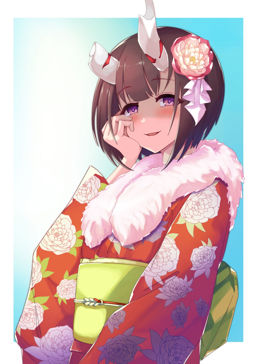 1girl, alternate_costume, black_hair, blue_background, blush, broken_horn, commentary_request, demon_girl