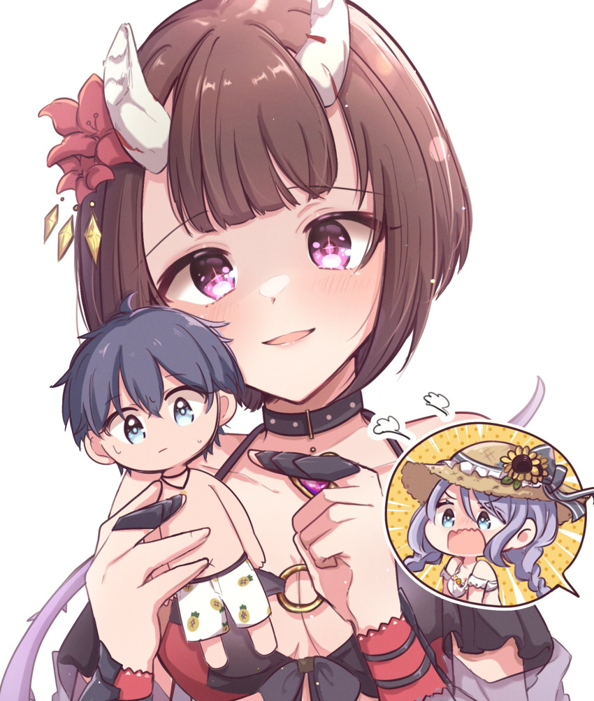 +_+, bikini, black_choker, black_hair, blue_eyes, breasts, broken_horn, character_doll, chibi, chibi_inset, choker, claw_ring, demon_girl, demon_horns, doll, eriko_(princess_connect!), eriko_(summer)_(princess_connect!), flower, hair_flower, hair_ornament, head_tilt, heart, heart_choker, highres, holding, holding_doll, horns, light_blush, looking_at_viewer, princess_connect!, purple_hair, red_bikini, shizuru_(princess_connect!), shizuru_(summer)_(princess_connect!), short_hair, spiked_tail, swimsuit, symbol-shaped_pupils, tail, upper_body, violet_eyes, white_background, yuuki_(princess_connect!)