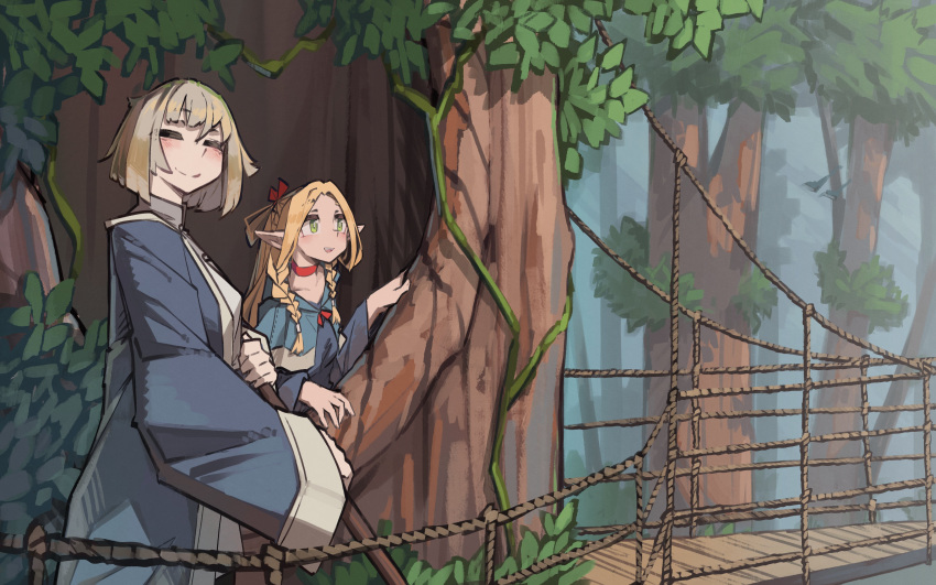 2girls, =_=, absurdres, blonde_hair, blue_coat, blush, braid, choker