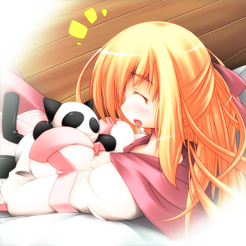 between_breasts, blonde_hair, blush, breasts, cat, closed_eyes, hair_ribbon, hanamaru_youchien