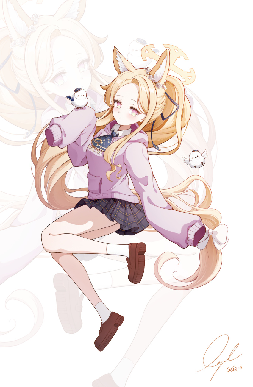 1girl, absurdres, animal_ear_fluff, animal_ears, ascot, bird, black_ribbon, blonde_hair