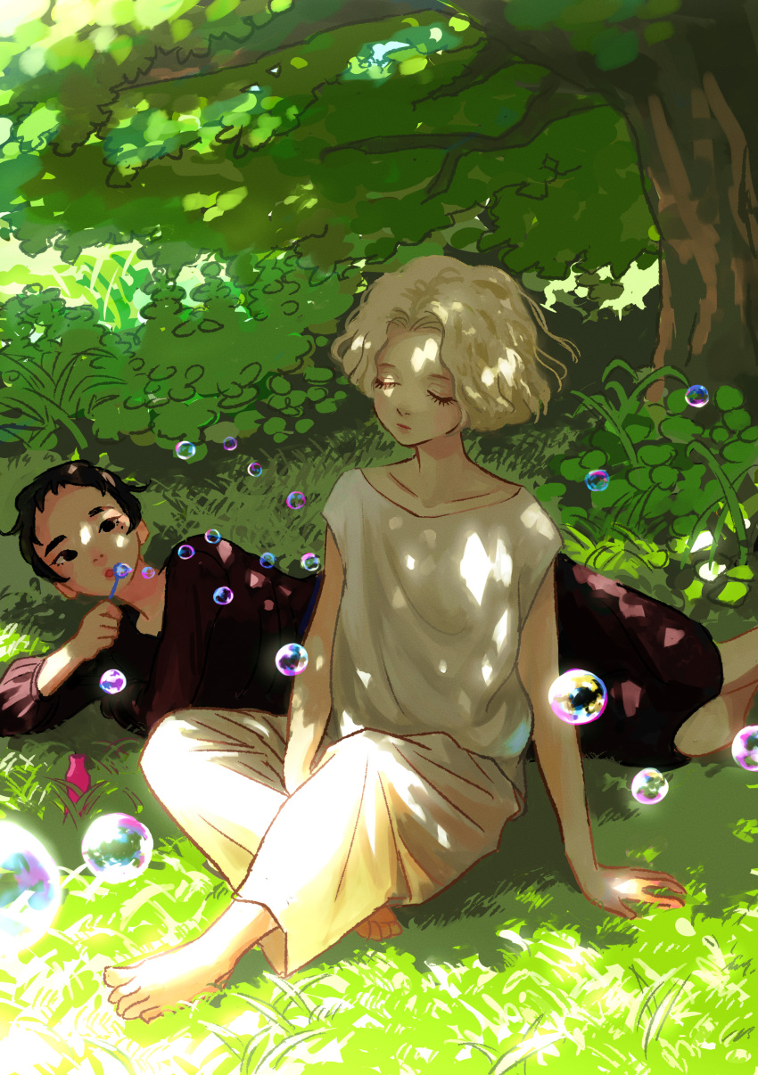 2girls, absurdres, arm_support, barefoot, black_dress, black_hair, blonde_hair, bubble