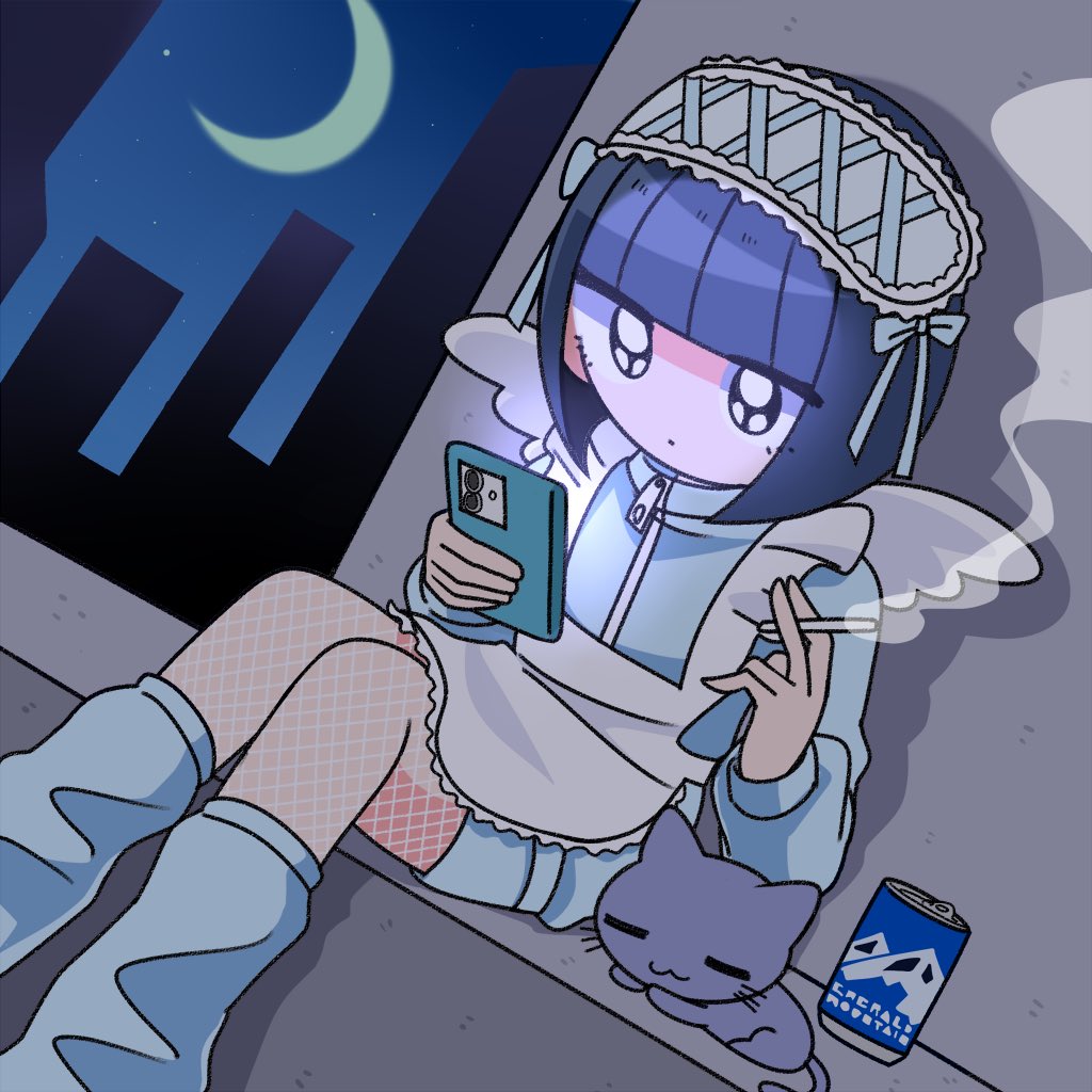 1girl, angel_wings, animal, apron, black_eyes, blue_hair, blue_ribbon, blue_socks
