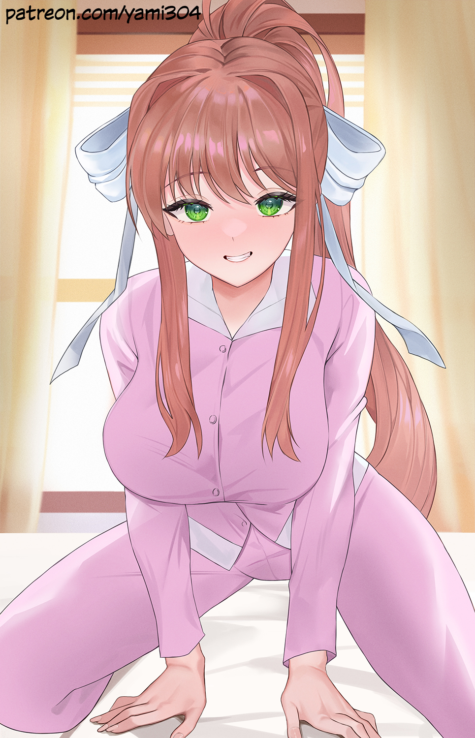 1girl, alternate_costume, arm_support, arms_between_legs, bed, bow, breasts, brown_hair, collared_shirt, commentary, curtains, doki_doki_literature_club, english_commentary, green_eyes, grin, hair_between_eyes, hair_bow, hair_intakes, highres, indoors, large_breasts, long_hair, long_sleeves, looking_at_viewer, monika_(doki_doki_literature_club), on_bed, pajamas, pants, patreon_username, pink_pajamas, pink_pants, pink_shirt, ponytail, pose_request, shirt, sidelocks, smile, solo, white_bow, window, yami_(rear4742), yellow_curtain
