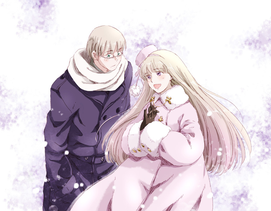 bad_id, blonde_hair, estonia_(hetalia), genderswap, glasses, green_eyes, long_hair, russia_(hetalia), short_hair, snake_mike