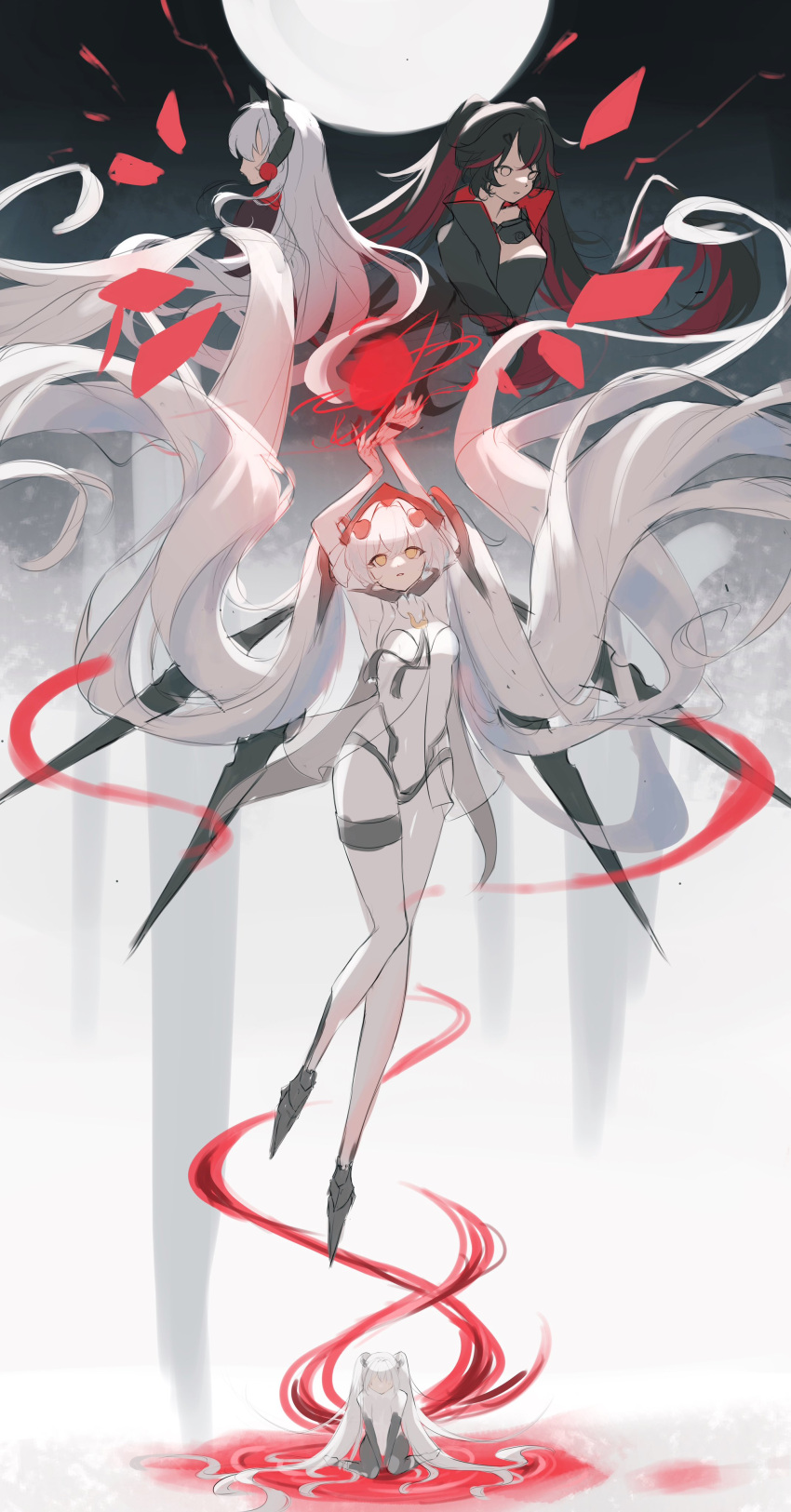 3girls, absurdly_long_hair, absurdres, alpha_(punishing:_gray_raven), black_dress, black_hair, black_jacket, bodysuit