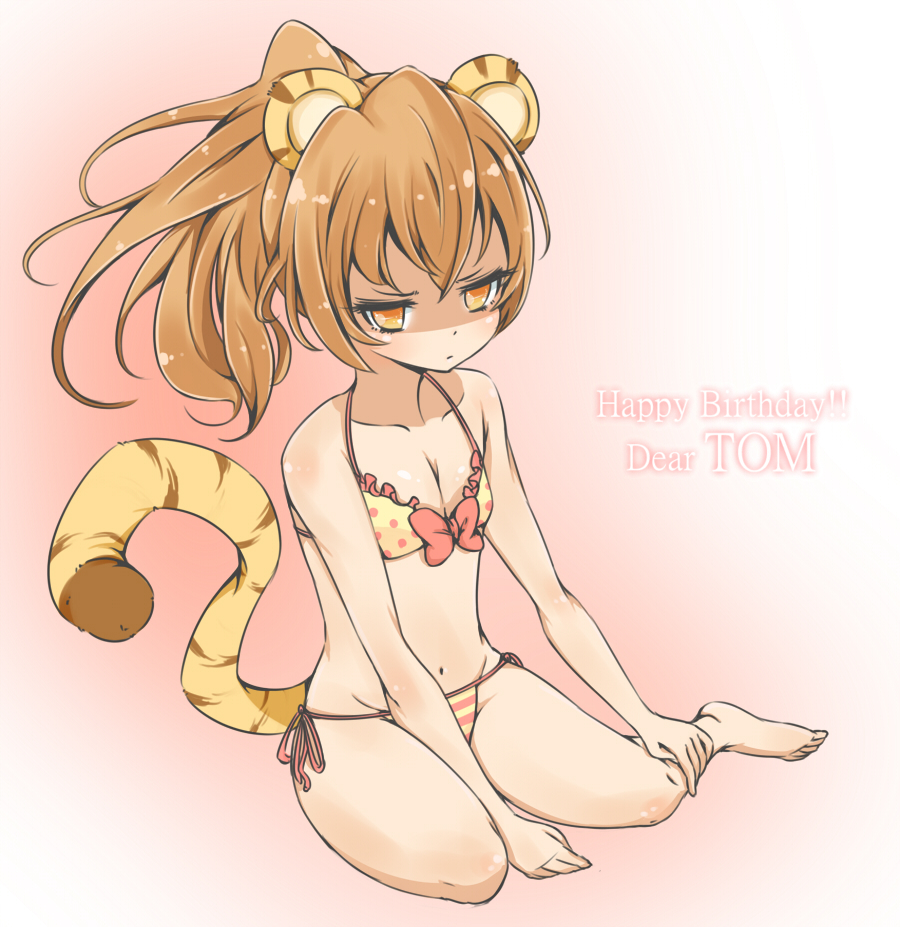 animal_ears, barefoot, bikini, brown_hair, empty_eyes, long_hair, orange_eyes, ponytail