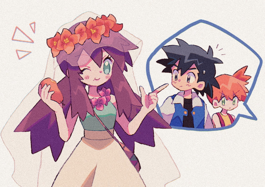 1boy, 2girls, annoyed, ash_ketchum, bag, black_hair, black_shirt, blue_eyes