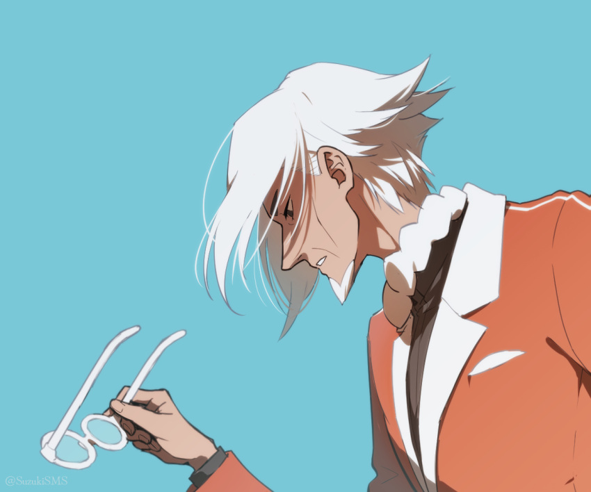 1boy, artist_name, blue_background, clavell_(pokemon), commentary_request, glasses, holding, holding_removed_eyewear