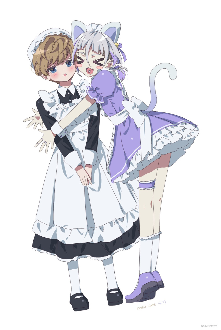 2boys, ando_shiki, animal_ears, apron, black_dress, black_footwear, blue_eyes, blush