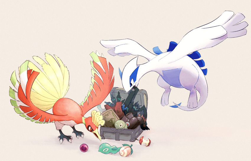 absurdres, acorn, animal_focus, apple, assault_vest_(pokemon), beak, bird_tail, bitten_apple, black_eyes, colored_skin, feathered_wings, feathers, fireblast, food, food_bite, fruit, heavy-duty_boots_(pokemon), highres, ho-oh, life_orb, lugia, no_humans, pokemon, pokemon_(creature), red_eyes, red_feathers, simple_background, tail, talons, treasure_chest, white_background, white_skin, wings, zygarde, zygarde_(10), zygarde_(50), zygarde_(complete), zygarde_cell