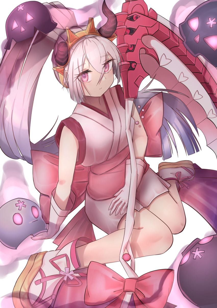 1girl, absurdres, broken_horn, duel_monster, gloves, hair_between_eyes, highres, holding, holding_scythe, horns, japanese_clothes, legs_together, long_hair, ponytail, red_blossoms_from_underroot, red_eyes, sandals, scythe, sitting, sleeveless, solo, sunphoria, white_gloves, white_hair, yu-gi-oh!