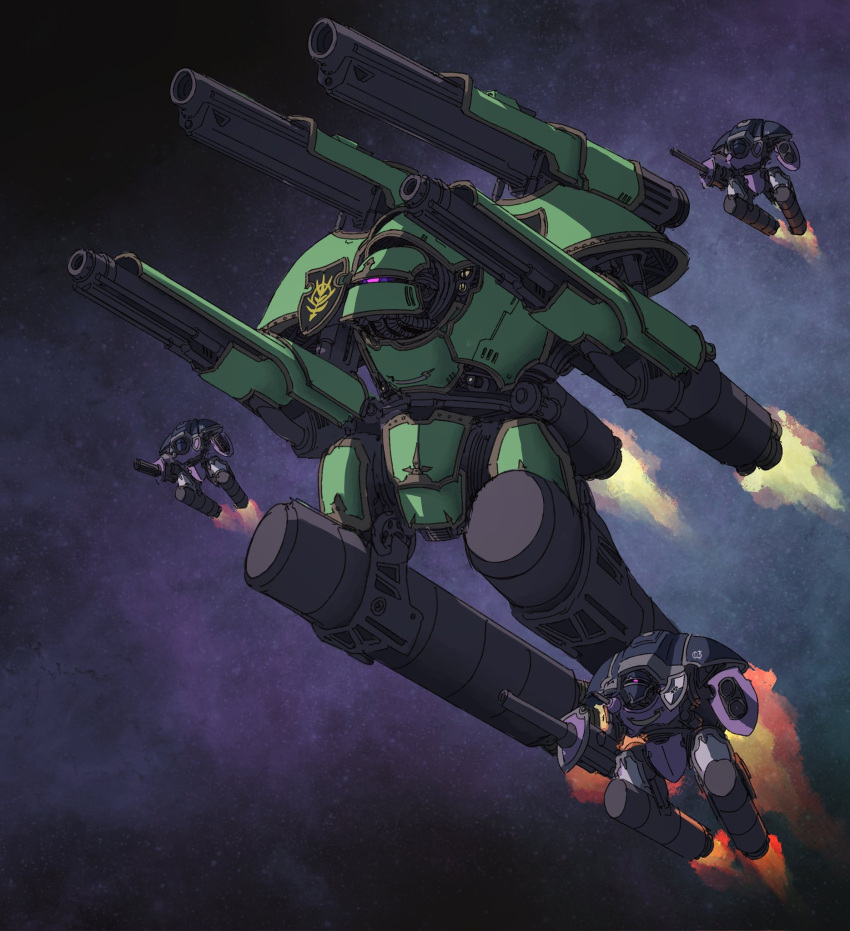 arm_cannon, armor, blue_armor, cannon, crest, crossover, cyclops, fusion, green_armor, gun, gundam, highres, imperial_knight, jet_engine, joints, mecha, mobile_suit_gundam, nissetasss, no_humans, one-eyed, redesign, robot, robot_joints, rocket_engine, science_fiction, shoulder_cannon, space, titan_(warhammer_40k), violet_eyes, warhammer_40k, weapon, zaku_ii, zeon