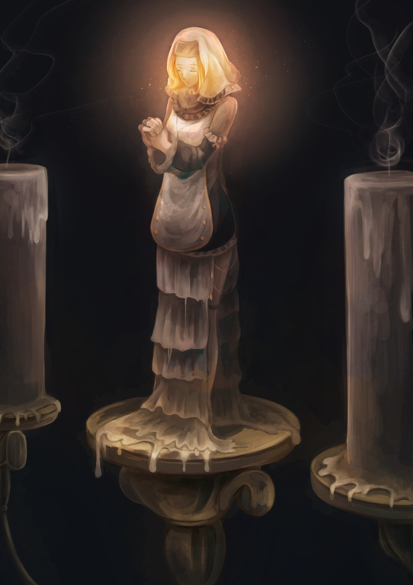 1girl, absurdres, apron, black_dress, blonde_hair, candle, candlestand, closed_eyes