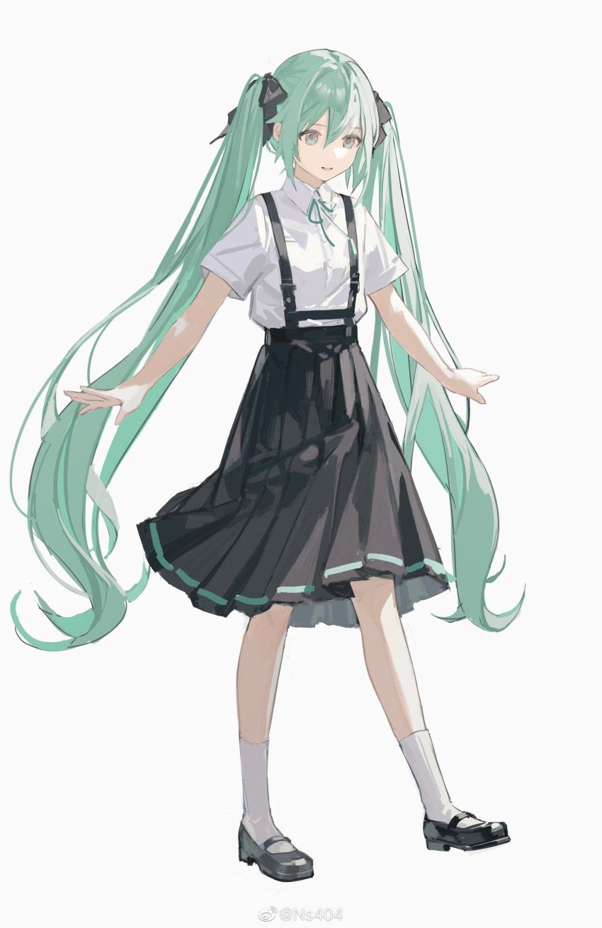 1girl, absurdres, ankle_socks, black_bow, black_footwear, black_skirt, bow, bowtie, collared_shirt, commentary, eyelashes, full_body, green_bow, green_bowtie, green_eyes, green_hair, hair_between_eyes, hair_bow, hatsune_miku, high-waist_skirt, highres, long_hair, looking_ahead, mary_janes, medium_skirt, ns404, open_mouth, pleated_skirt, school_uniform, shirt, shoes, short_sleeves, simple_background, skirt, smile, socks, solo, suspenders, symbol-only_commentary, t-shirt, teeth, twintails, upper_teeth_only, very_long_hair, vocaloid, watermark, weibo_logo, weibo_username, white_background, white_shirt, white_sleeves, white_socks