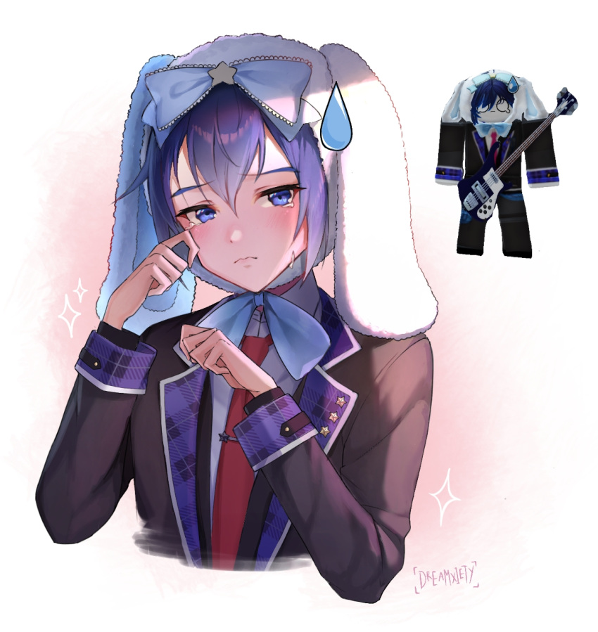 1boy, animal_hat, blue_eyes, blue_hair, blush, bow, commentary, crying