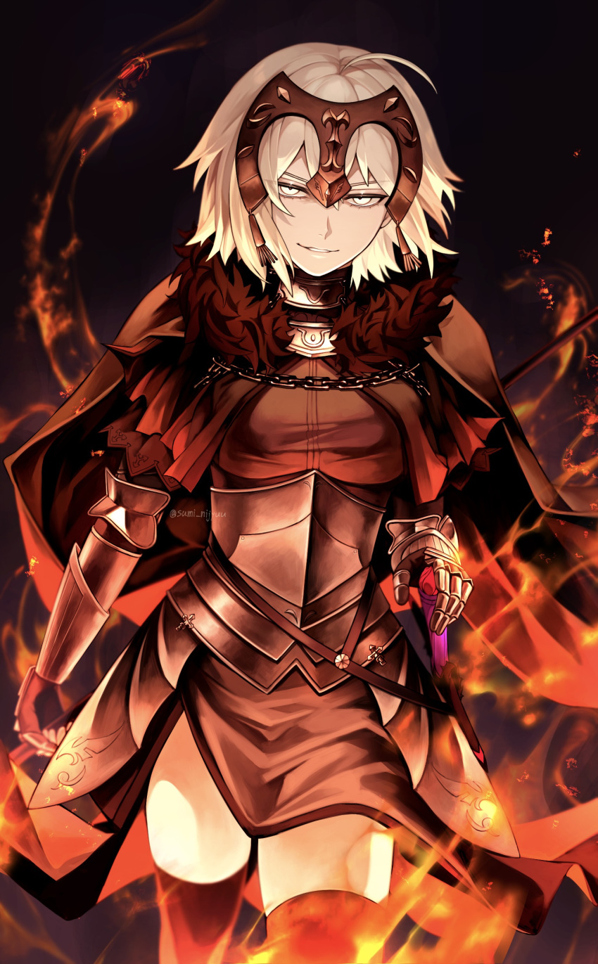 1girl, absurdres, ahoge, armor, armored_dress, black_armor, black_background, black_cape