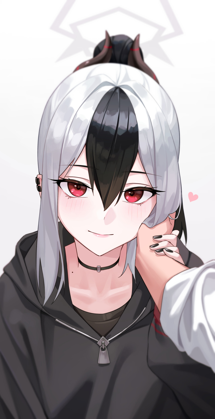 1girl, 1other, absurdres, black_hair, black_horns, black_jacket, black_nails, blue_archive