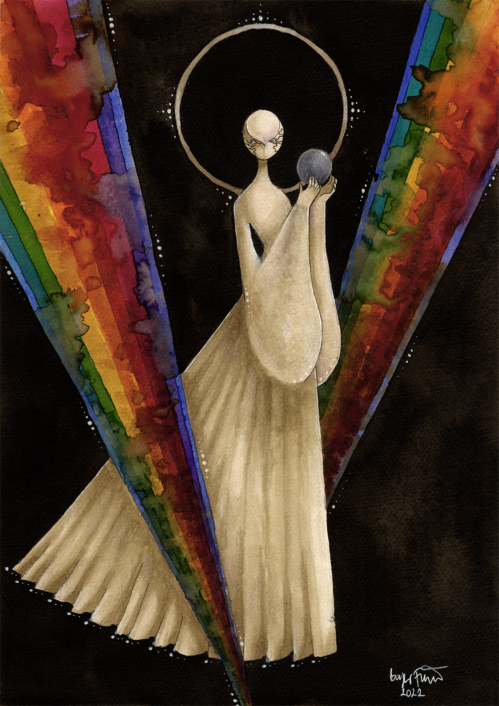 1other, commentary, dress, english_commentary, facial_mark, full_body, halo, hands_up, highres, houseki_no_kuni, looking_at_viewer, maxyvert, orb, other_focus, painting_(medium), phosphophyllite, phosphophyllite_(10000), pleated_dress, rainbow, robe, signature, solo, spoilers, standing, traditional_media, watercolor_(medium)