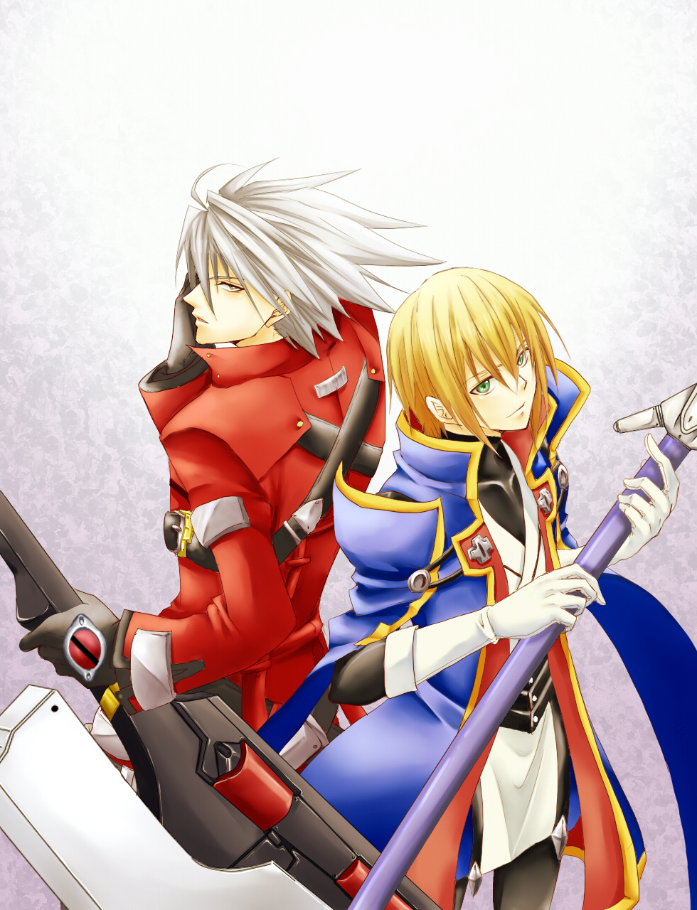 blonde_hair, gloves, green_eyes, highres, jin_kisaragi, kanade_(reveryearth), male, ragna_the_bloodedge