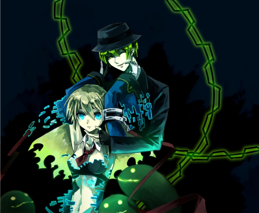 blazblue, blue_eyes, green_hair, hat, hazama, male, noel_vermillion, okisute