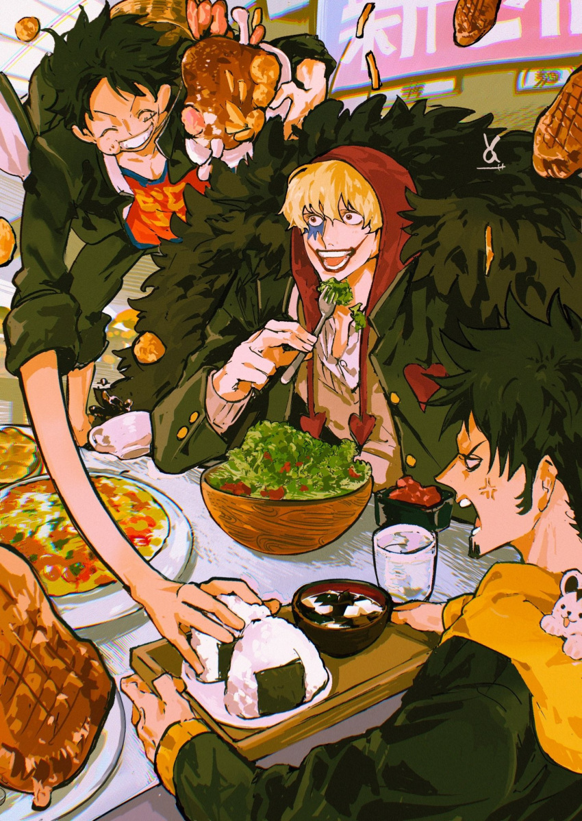 angry, black_hair, blonde_hair, coat, donquixote_rocinante, eating, facial_hair, feather_coat