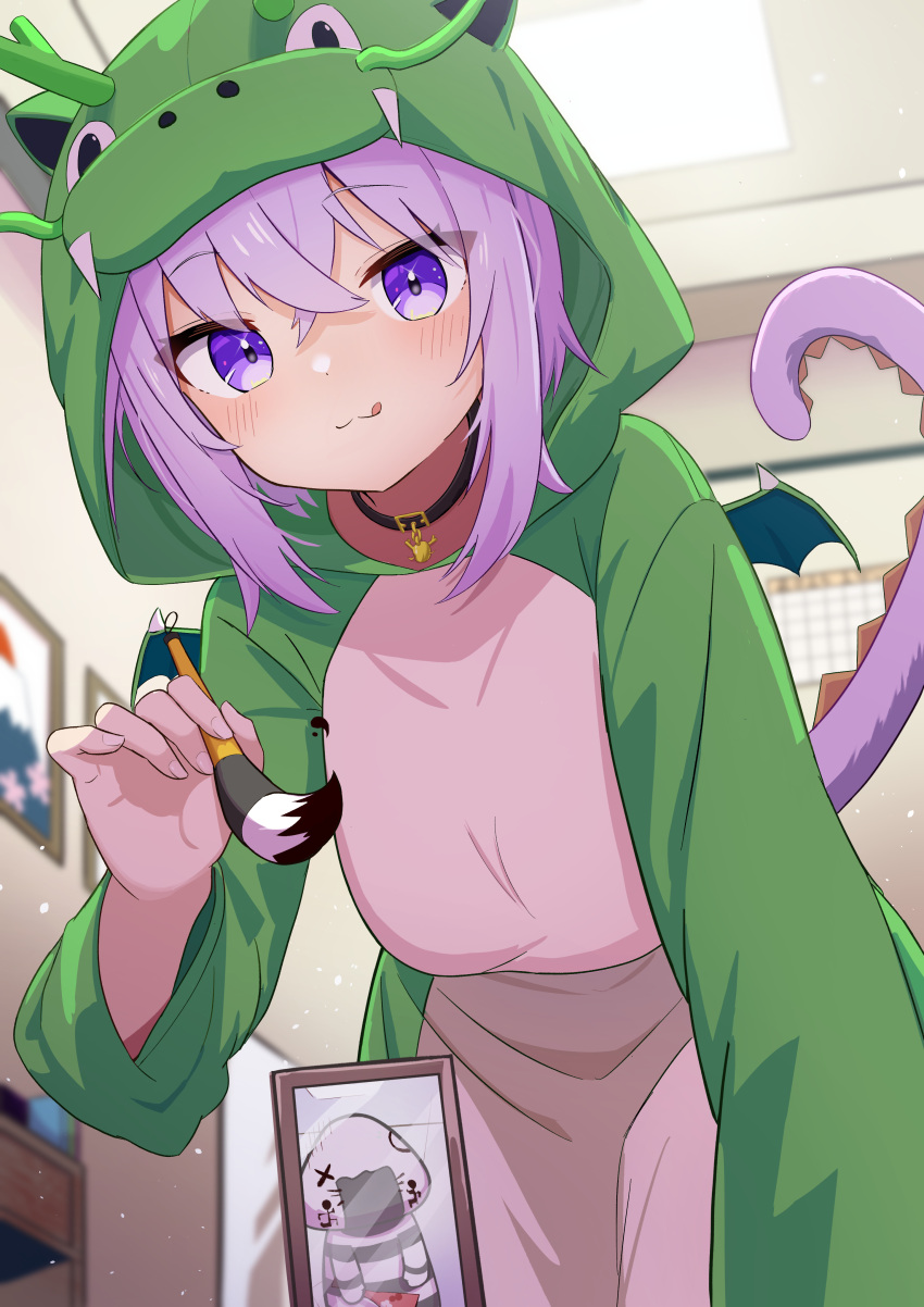 1girl, :3, absurdres, animal_costume, black_collar, blush, collar, dragon_costume