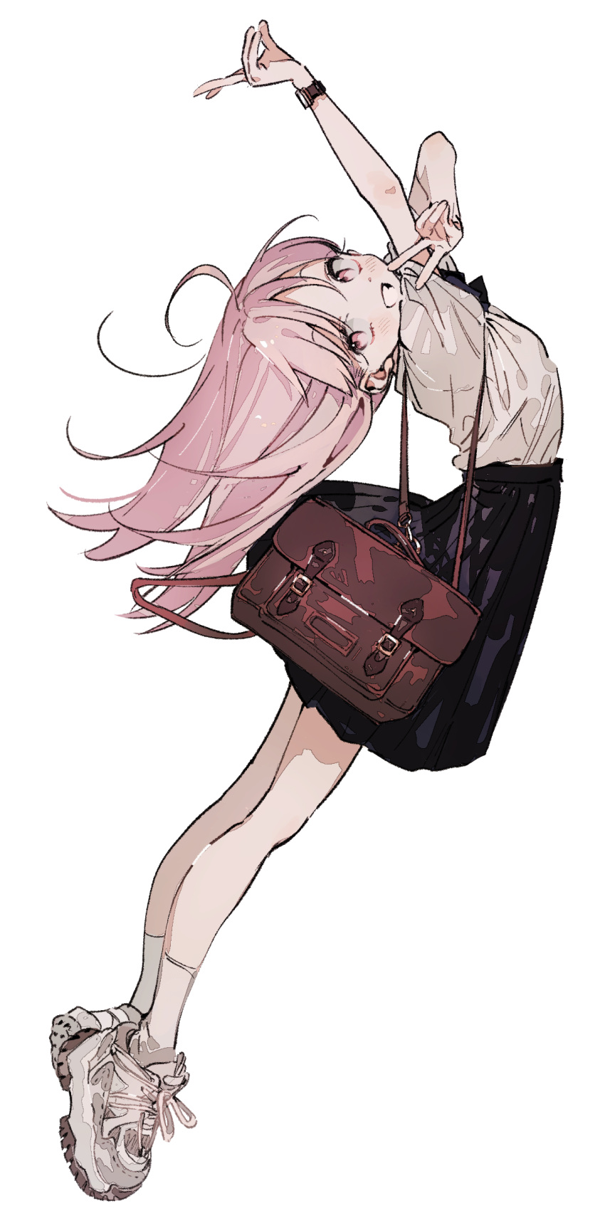 1girl, absurdres, ahoge, arms_up, bag, black_skirt, brown_bag, double_v