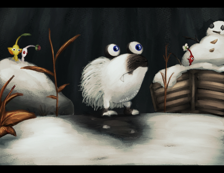 animal_focus, black_eyes, blue_eyes, bud, colored_skin, commentary_request, fang, fang_out, flower, hairy_bulborb, leaf, looking_ahead, looking_at_another, no_humans, no_mouth, outdoors, pikmin_(creature), pikmin_(series), pointy_ears, pointy_nose, red_eyes, red_pikmin, red_skin, rock, sitting, snow, snowman, solid_circle_eyes, usuba_(hatomugip), white_flower, white_fur, white_pikmin, white_skin, winter, yellow_pikmin, yellow_skin