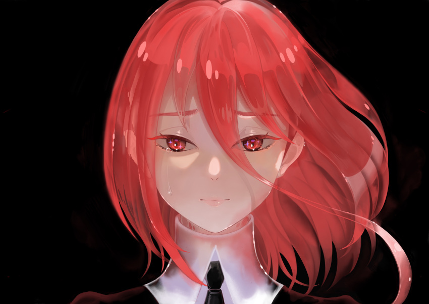 1other, absurdres, androgynous, black_background, black_necktie, cinnabar_(houseki_no_kuni), crying, floating_hair, gem_uniform_(houseki_no_kuni), hair_between_eyes, highres, houseki_no_kuni, light_smile, long_hair_between_eyes, looking_at_viewer, necktie, oo0mog0oo, other_focus, portrait, red_eyes, red_theme, redhead, short_hair, solo, straight-on