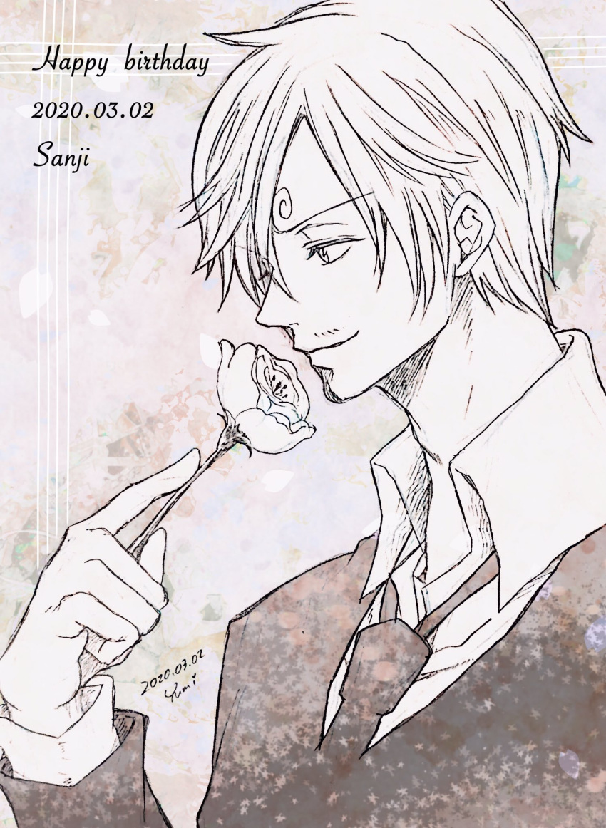 1boy, commentary_request, curly_eyebrows, dated, flower, greyscale, hanakotoba28, happy_birthday