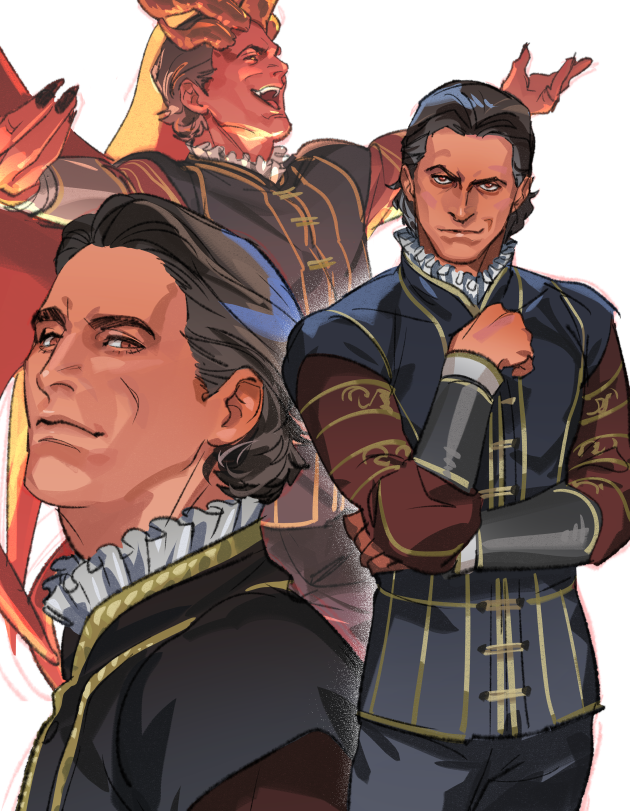>:), 1boy, baldur's_gate, baldur's_gate_3, black_jacket, black_nails, black_pants, brown_eyes