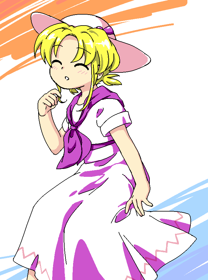 1girl, ^_^, closed_eyes, dress, hand_up, hat, jaggy_lines, louise_(touhou)