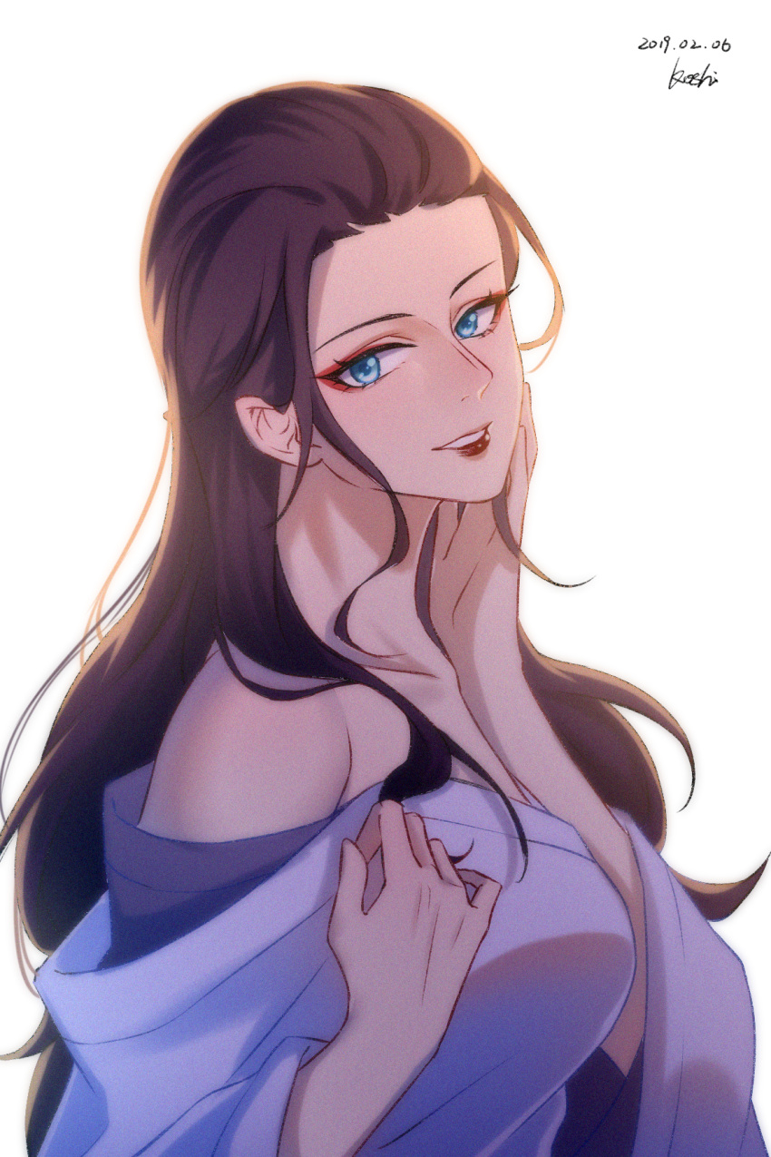 1girl, black_hair, blue_eyes, commentary_request, dated, eyeliner, hair_slicked_back, hand_on_own_face, highres, koshikun, long_hair, looking_to_the_side, makeup, nico_robin, one_piece, red_eyeliner, sidelocks, simple_background, smile, solo, white_background